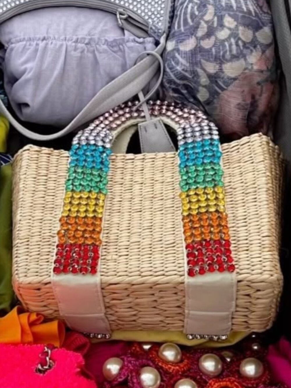 ISO Rainbow Rhinestone Bedazzled Straw Handle Strap Bag